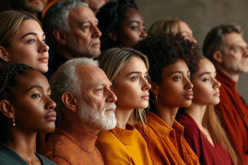 Obraz premium Diverse group of people in different ages and ethnicities stand together and looking forward. Diversity and multi ethnicity concept