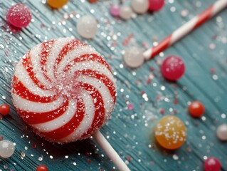 A red and white candy cane with sugar on it is surrounded by a variety of colorf