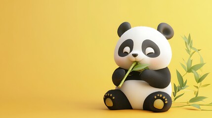 Cute Cartoon Panda Sitting and Eating Bamboo on Yellow Background