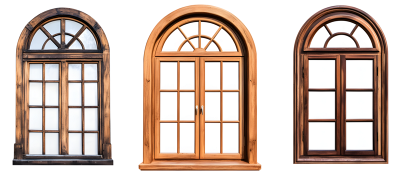 Set/collage of wooden windows of different shapes. Rectangular window with wooden frame. Semicircular arched window with wooden frame. Isolated on a transparent background.