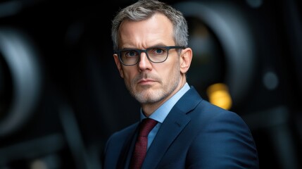 A serious man in a suit with glasses, exuding confidence and focus, set against a blurred background.