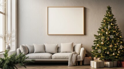 Obraz premium Modern living room with Christmas tree, blank frame, and festive holiday decorations in a bright, sunlit space, Generative KI