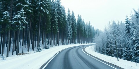 Obraz premium Gentle slope of a forest road surrounded by tall trees and white snow, serene landscape, snowy terrain