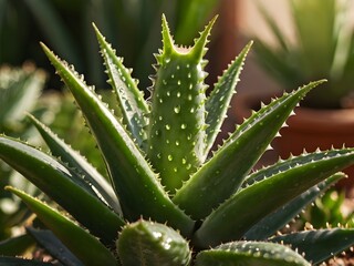 Fototapeta premium A lush aloe vera photographed at close range in a home garden