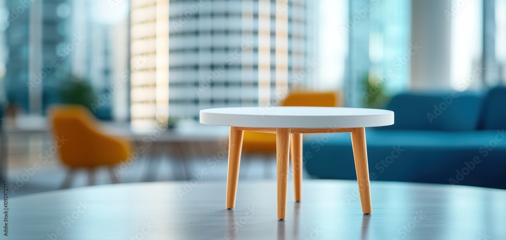 Poster architecture model precision concept. a minimalist coffee table stands in focus, with an urban backd