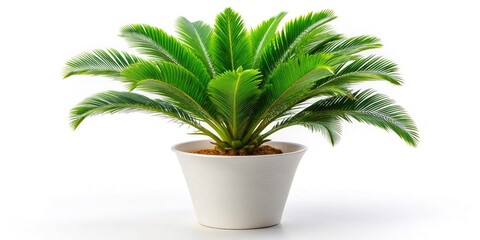 Obraz premium Green House Plant in White Flower Pot - Cycas Revoluta, Japanese Sago, Indoor Decor, Isolated on White Background, Interior Aesthetic, Plant Shadow, Selective Focus, Tropical Home Decor