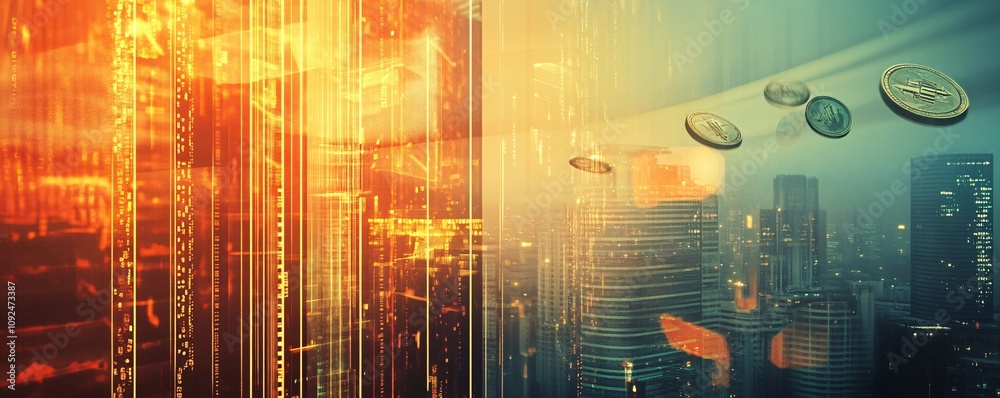 Poster Digital money flying over the city with binary code and skyscrapers in the background