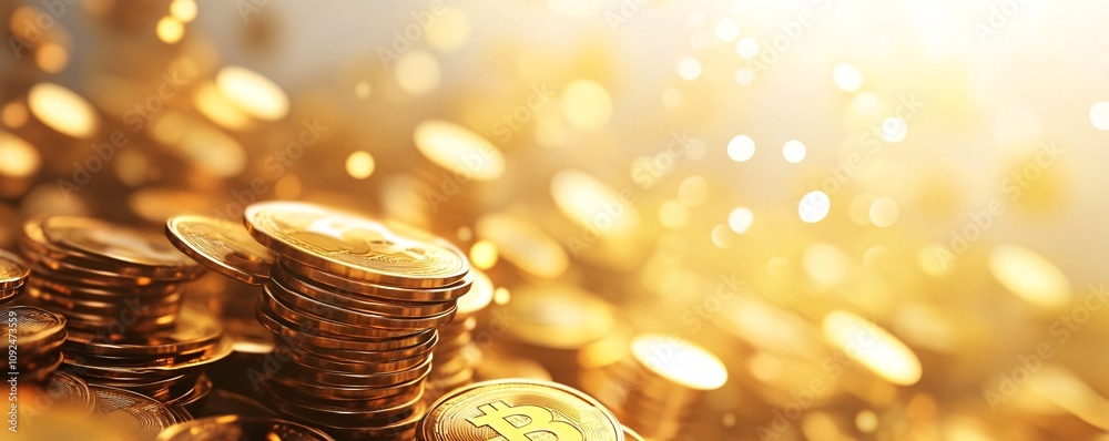 Poster bitcoin cryptocurrency golden coins falling and stacking up
