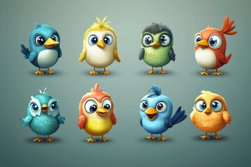 Obraz premium Playful Bird Character Icons for Kids Apps