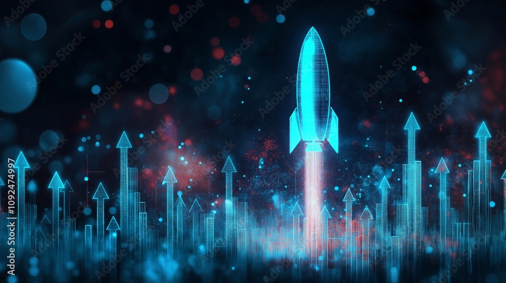 Poster digital rocket launching with glowing data curves, symbolizing innovation, business growth, and tech