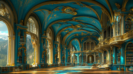 Obraz premium Stunning interior showcases a vibrant blue ceiling, ornate details, and extensive bookshelves set against a breathtaking mountain backdrop