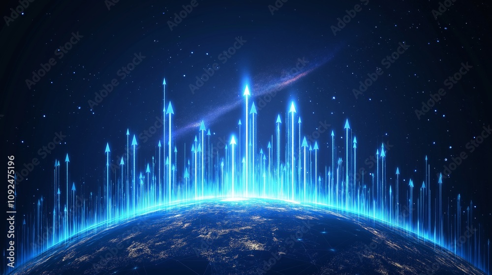 Poster glowing arrows rising above earth, representing global connectivity, technological progress, and dig