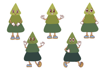 Cute retro Christmas trees. Festive Kawaii-style Christmas trees on a white background. Vector illustration