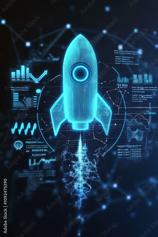 Poster digital rocket launching with glowing data curves, symbolizing innovation, business growth, and tech