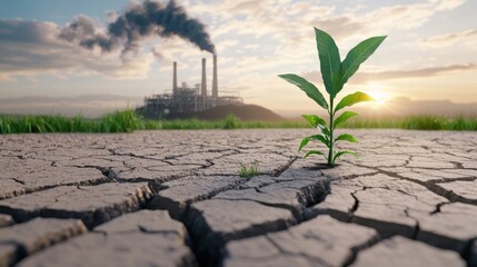 A resilient plant emerges from cracked earth near a factory.