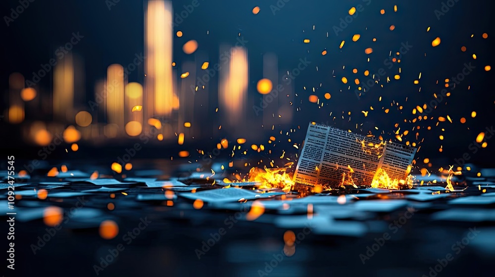 Poster Dynamic sparks and glowing particles surround a damaged document on a dark surface.