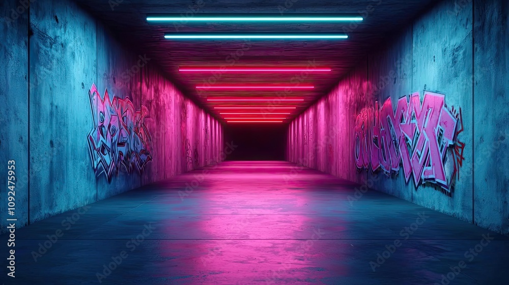 Poster vivid graffiti in a neon-lit urban tunnel with a colorful and dynamic atmosphere.
