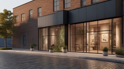 Fototapeta premium Modern storefront on brick building with large windows, plants, and cobblestone street.