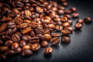 Fototapeta premium Low Light Photography of Coffee Beans on a Black Table - Rich Textures and Warm Tones for Coffee Lovers and Food Photography Enthusiasts