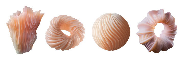 Organic ribbed 3D shapes set. Distorted pale pink peachy organic sculpture isolated. Ai generated