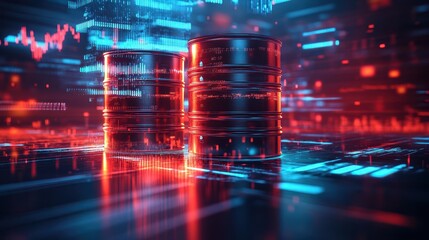 Fototapeta premium Crude Oil Trading Market Trends Concept, Digital Illustration of Oil Barrels Fading into a Bar Graph with a Futuristic Background in Vibrant Colors for Data Visualization and Oil Industry Themes