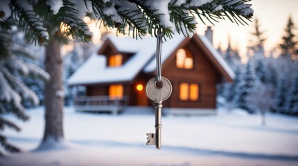 Naklejka premium house key hanging on a snow covered pine tree