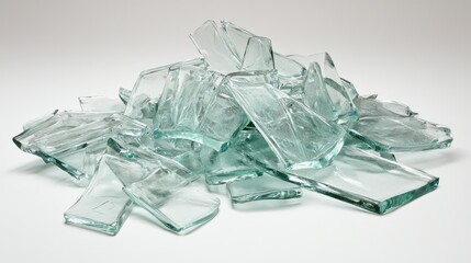 Obraz premium Fragmented shards of crystal-clear glass scattered haphazardly on a neutral background, creating an abstract composition that evokes feelings of chaos and beauty.