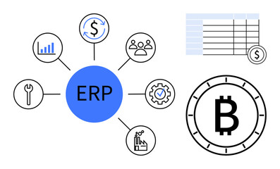 ERP hub connected to financial growth, users, Bitcoin, automation, configuration, and charts. Bitcoin symbol, financial table with dollar icon, cogwheel, wrench. Ideal for business management