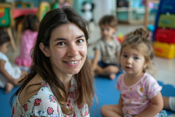 Fototapeta premium Generative AI Teacher Smiling in Kindergarten Classroom with Children