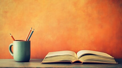Fototapeta premium Blank Open Book with Pencil Holder and Eraser against Pastel Orange Background for Text, Copy, Writing, Education Concepts.