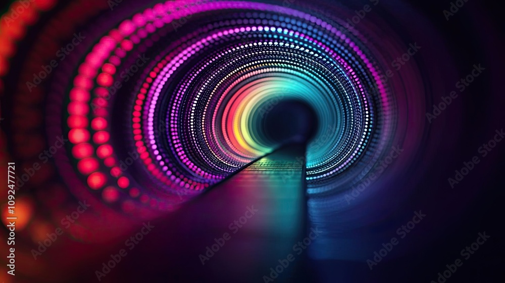 Poster vibrant abstract tunnel with swirling colorful lights and patterns, black background.