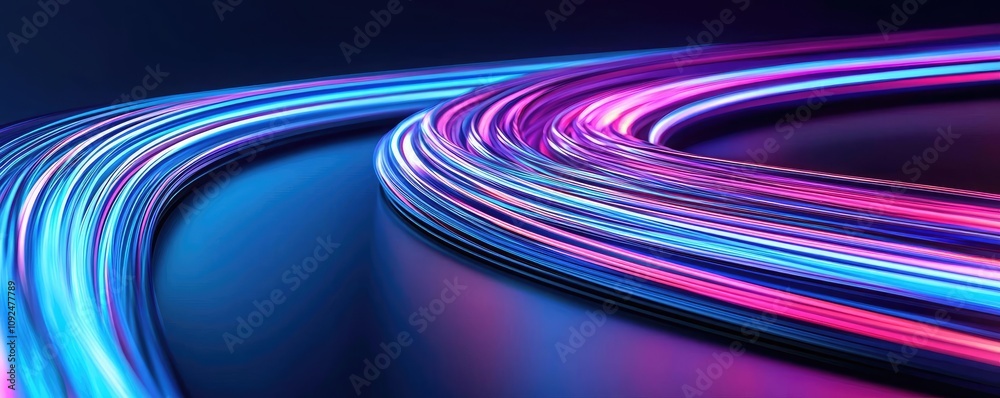 Poster vibrant neon light trails, dynamic and colorful patterns on dark background.