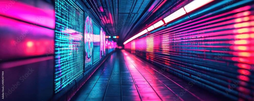 Poster futuristic tunnel with neon lights creating a vibrant atmosphere.
