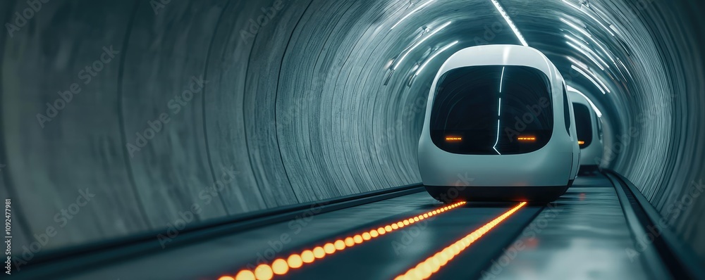 Poster futuristic autonomous pod in modern subway tunnel with illuminated track.