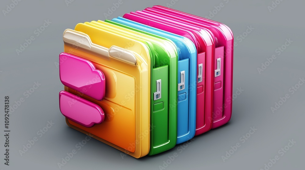 Poster Colorful 3D Folders Representing Digital Data Organization, Storage Solutions, and Workflow Efficiency in a Modern Context, Generative AI