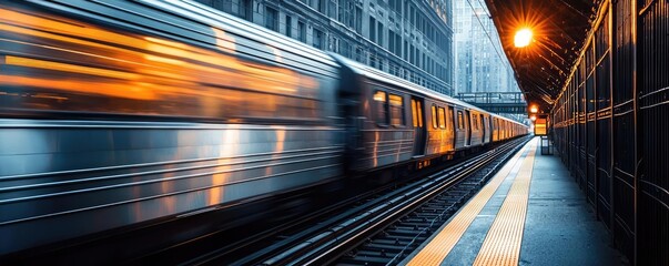 Naklejka premium Dynamic train motion in urban environment at dusk, vibrant cityscape backdrop.