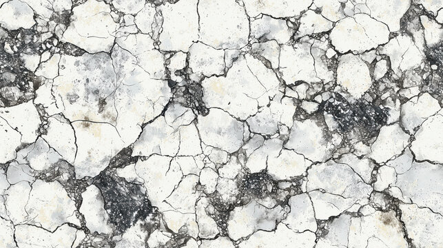A cracked and broken white and black stone wall