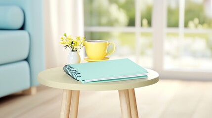 Burnout emotional wellbeing, cozy room with soothing colors, journal and tea on a small table, tranquil ambiance, signs of emotional healing, 3D illustration