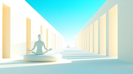 Burnout mindfulness, serene figure meditating in a minimalist space, soft natural light, subtle elements of focus and calm, 3D illustration