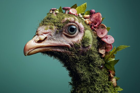 Artistic Bird Portrait Adorned with a Mushroom Hat, Showcasing Whimsy, Nature&rsquo;s Beauty, and Surreal Creativity, Generative AI