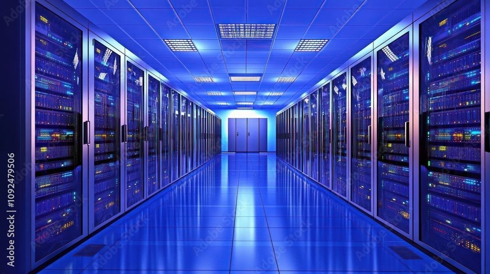 Poster Illuminated Server Room Rows Of Data Processing Equipment