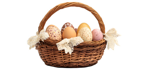 Easter Basket with Decorated Eggs and Bow on Transparent Background