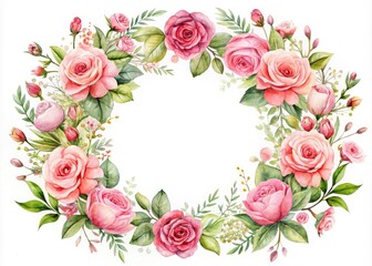 Fototapeta premium Floral Round Wreaths with Watercolor Pink Roses for Wedding Invitations and Greeting Cards Design
