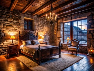 Fototapeta premium Majestic Winterfell Bedrooms - Practical Designs for Harsh Northern Winters, Silhouette Style, Cozy Atmosphere, Rustic Décor, Winter Aesthetics, Warm Lighting, Medieval Charm