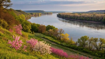 Obraz premium Missouri River with lush greenery and blooming flowers in early spring, moisture, river stones, riverbank