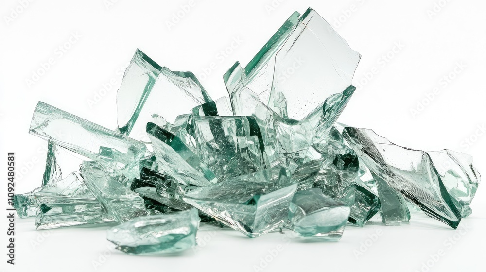 Poster shattered glass pieces displaying reflections and irregular edges on a white background with a focus