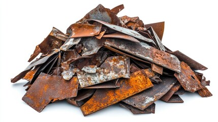 Pile of Rusty Scrap Metal Sheets in Various Sizes and Textures Ideal for Industrial Backdrop, Recycling Concept, or Urban Decay Themes for Creative Projects