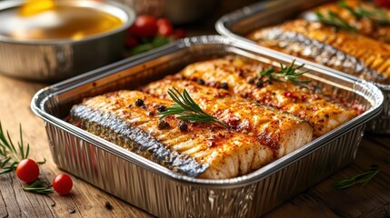 Fototapeta premium Delicious Baked Fish in Aluminum Foil Tray Spices Rosemary