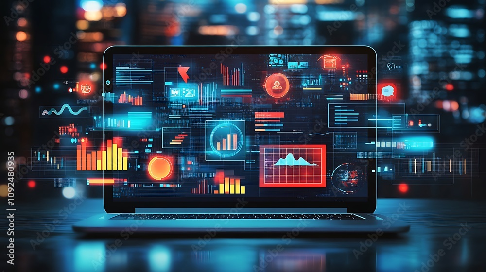 Poster laptop displaying dynamic data analytics and visualizations