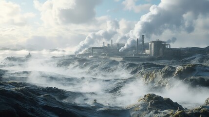 Fototapeta premium Geothermal Energy Extraction Operation Concept, Rugged Geothermal Site with Steam Emissions and Industrial Extraction Facility Surrounded by Dramatic Natural Landscape